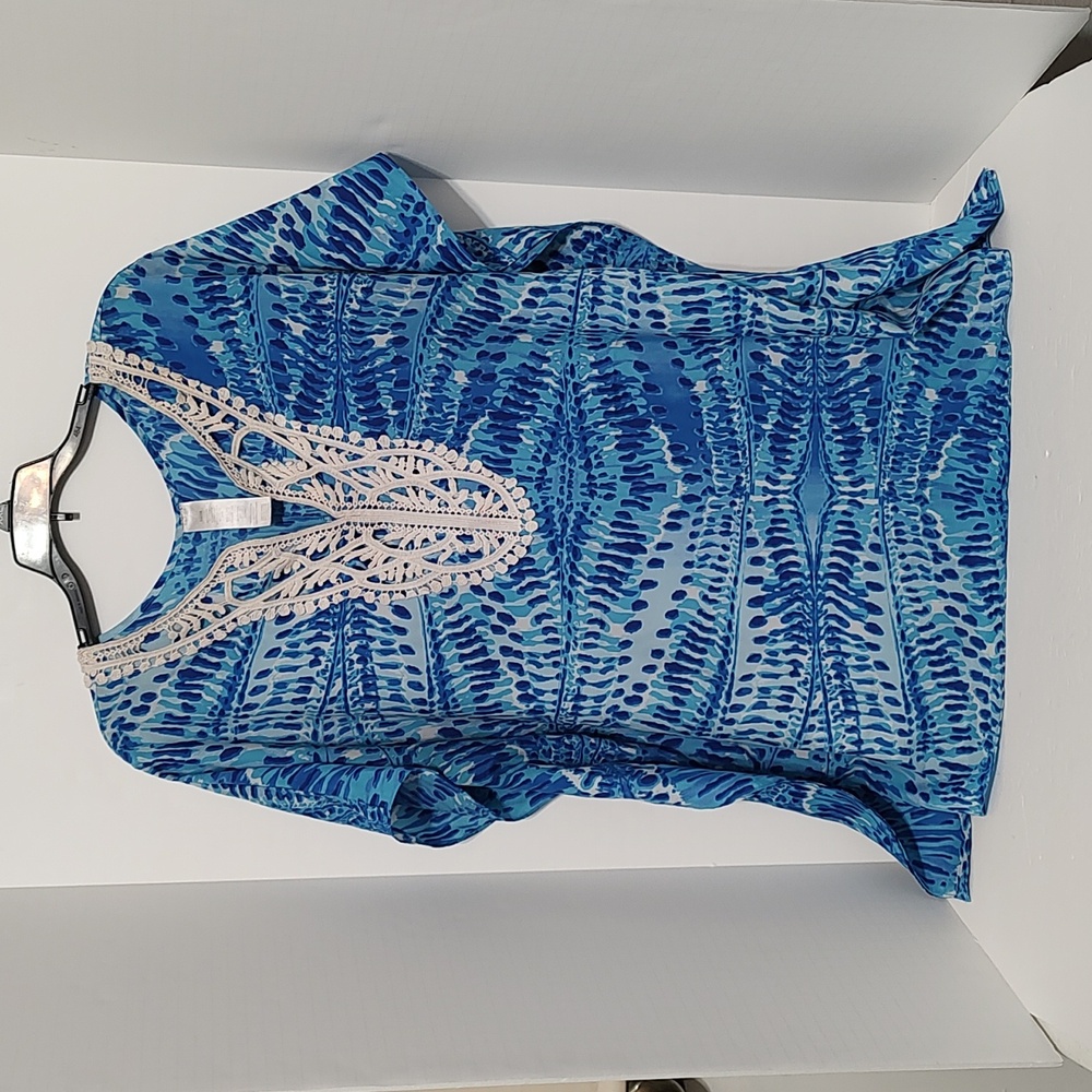 Blue Print Swimsuit Coverup Crocheted V-Neckline sz Small / Medium